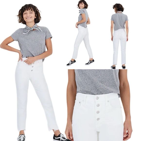 Madewell Denim - Madewell Perfect Vintage Crop Jean Tile White Raw Hem High Rise Stretch 30 Boho